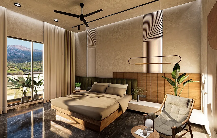 A master bedroom framed on a window with a hill view.