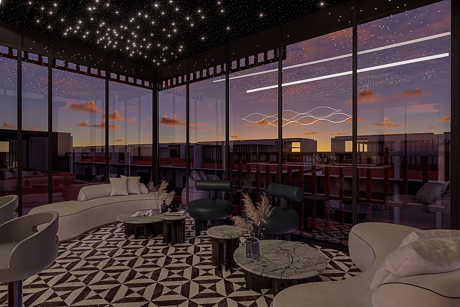 The rooftop sitting lounge at sunset, under a fibre-optic star ceiling, with the bar beyond.