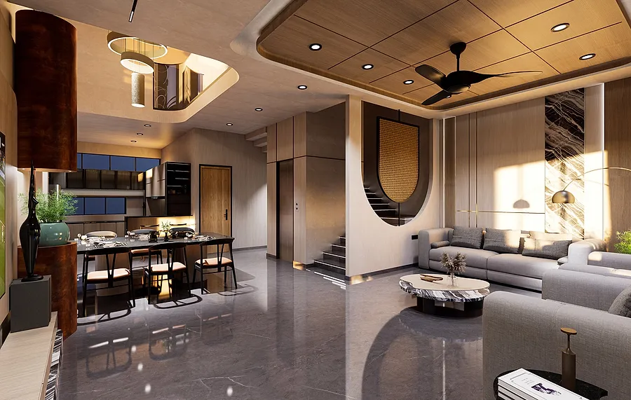 Living, dining and kitchen in one volume, with the stair and lift core behind.