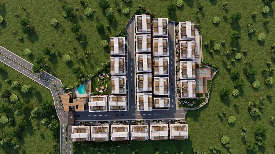 Aerial master plan of Kings Avenue: fifty villa plots in rows either side of internal roads, with the clubhouse and pool at the gated entrance and landscaped open ground around the perimeter.