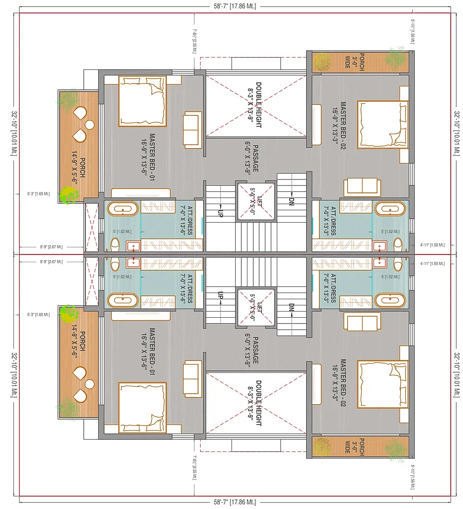 First floor plan: two master suites, each with an attached bath and dressing room, opening to a shaded porch, with a double height void over the living room and a central passage served by the lift.
