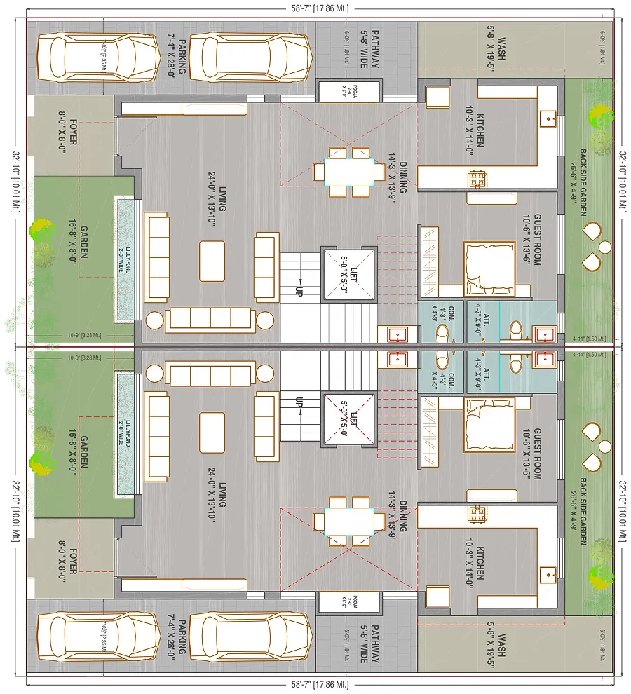 Ground floor plan: living, dining, kitchen, guest room with attached bath, foyer, pooja, wash, front garden with lily pond, rear garden, private lift and covered parking for two cars.