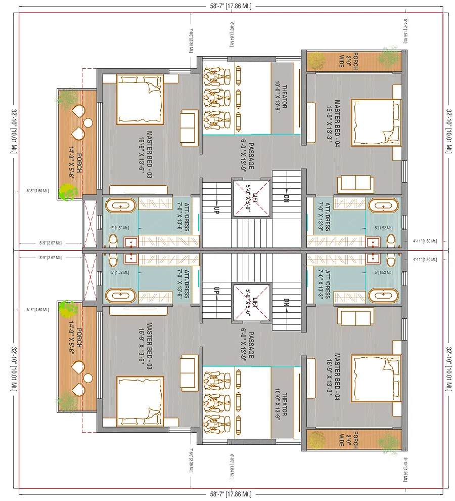 Second floor plan: two further master suites with attached baths and dressing rooms, and the home theatre set at the rear of the plan away from the bedroom wing.