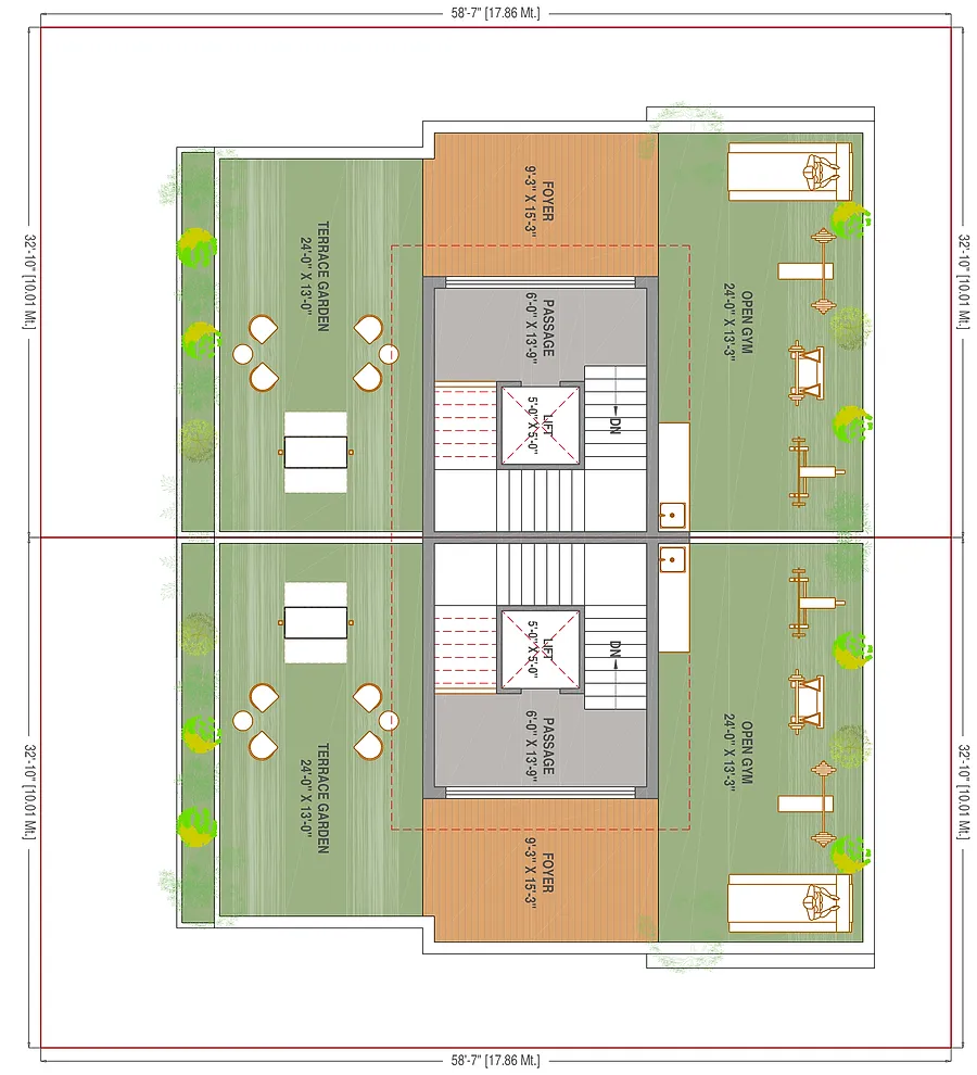 Terrace level plan: a planted terrace garden on one side, an open gym on the other, a covered foyer, and the lift and stair arriving at roof level.