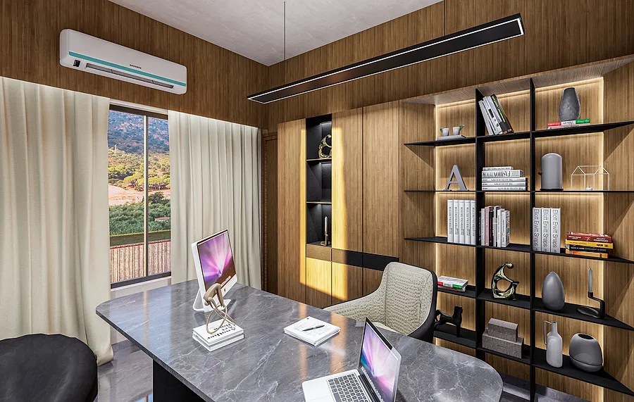 A study lined in wood, with a stone desk and a window onto the hills.