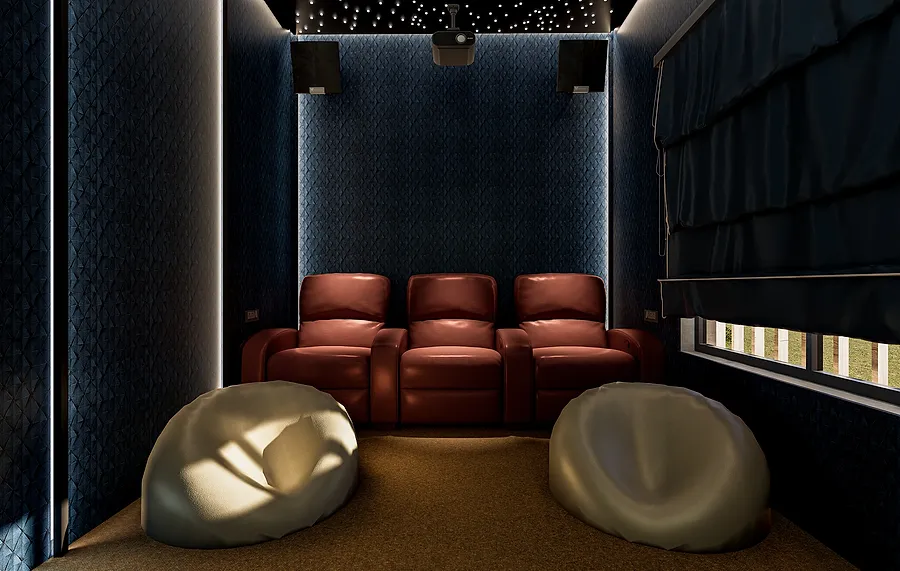 The home theatre, with three recliners facing an acoustic panelled wall under a fibre-optic star ceiling.