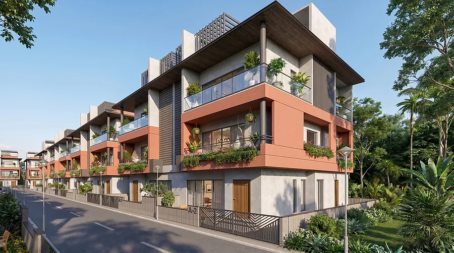 A corner villa in daylight: terracotta and board-formed concrete, deep shaded balconies planted at every level, and a perforated screen through the centre.